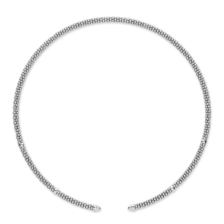 Signature Caviar Sterling Silver Caviar Beaded Mini Versa Necklace, featuring a 3mm open-ended design with polished silver beads and six sterling silver stations for a sleek, modern look.