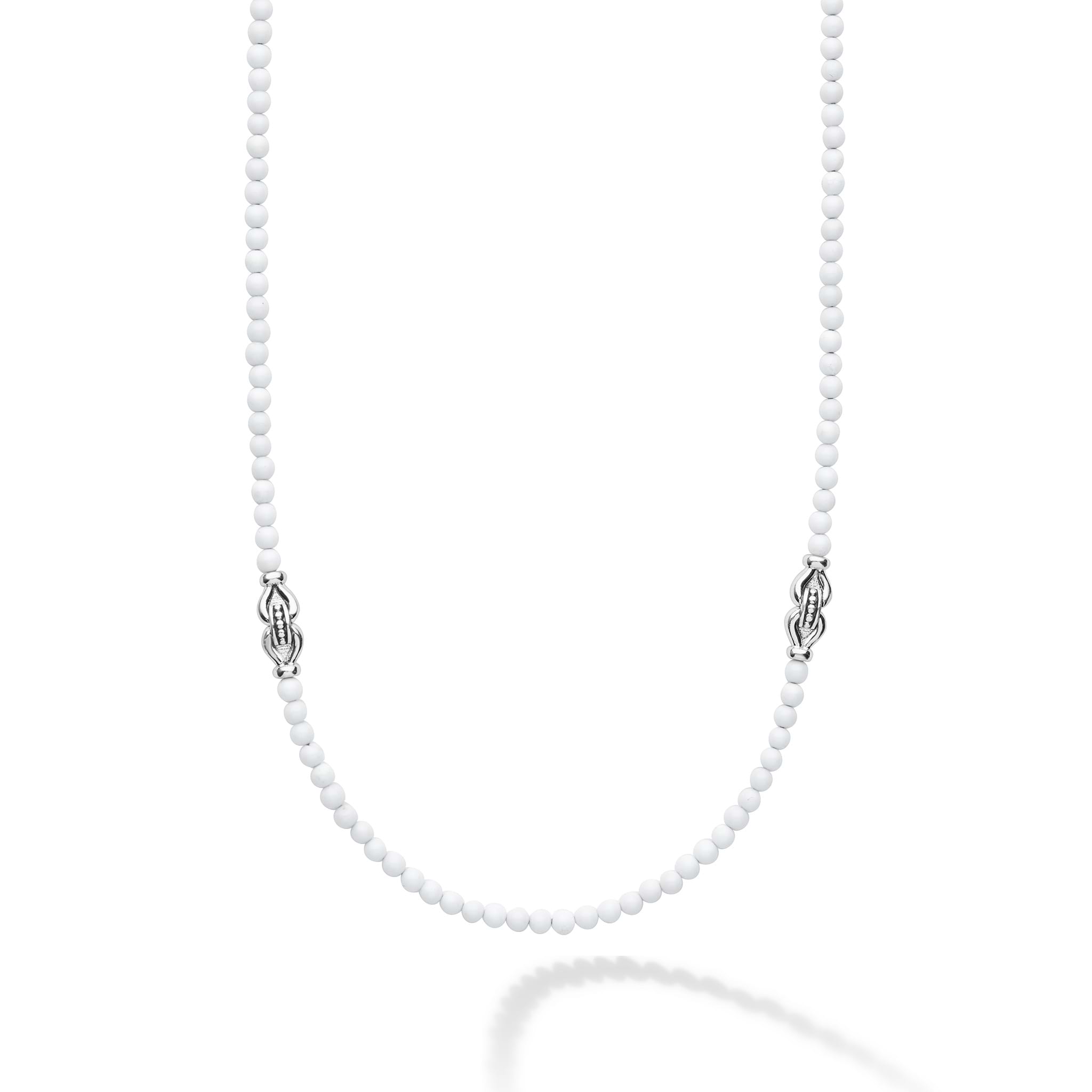 Signature Caviar White Agate & Sterling Silver Station Necklace, featuring small round white beads and polished sterling silver stations, offering a modern, elegant design for versatile wear.