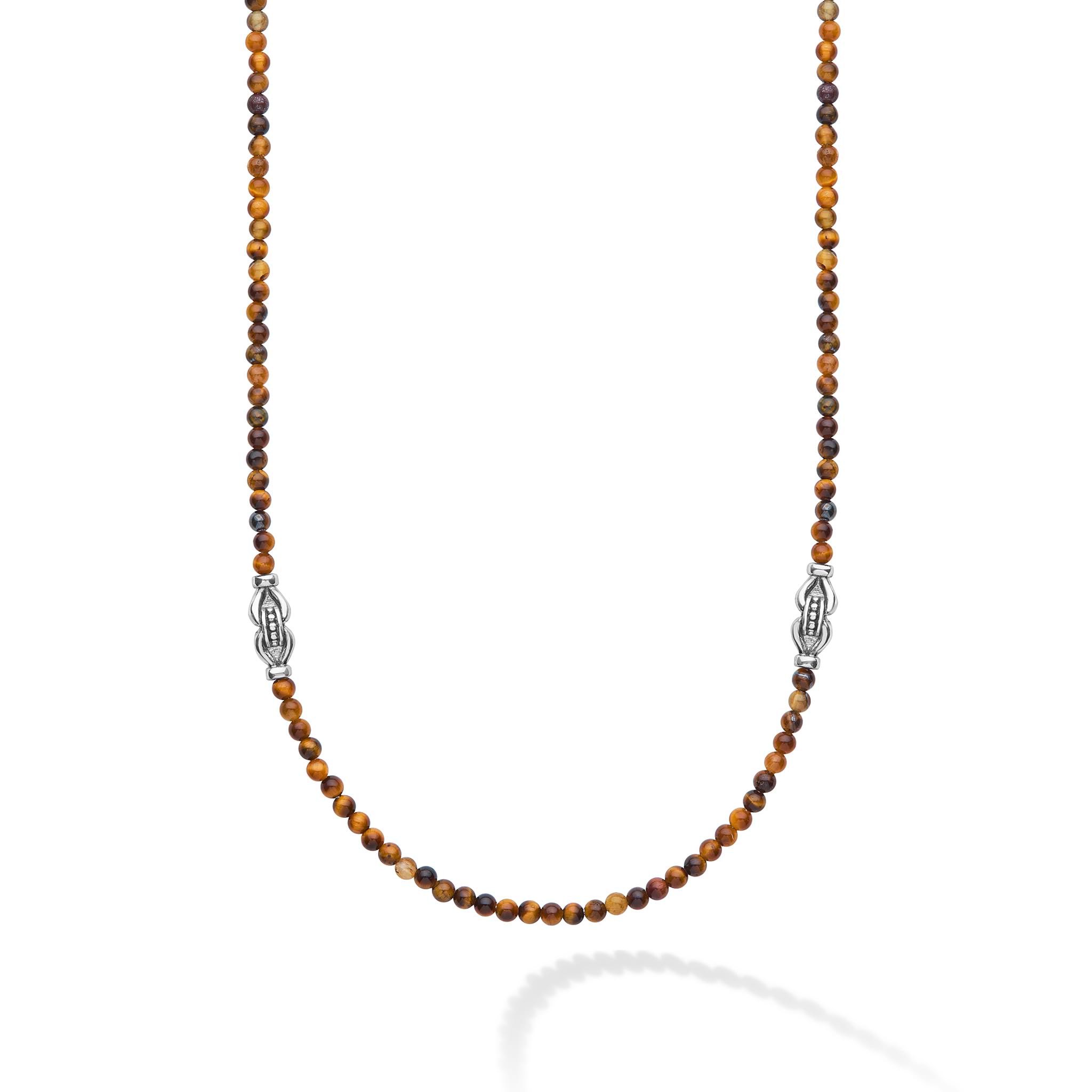 Signature Caviar Tiger Eye & Sterling Silver Station Necklace features polished brownish-gold tiger eye beads and sterling silver stations, offering a sophisticated, versatile design.
