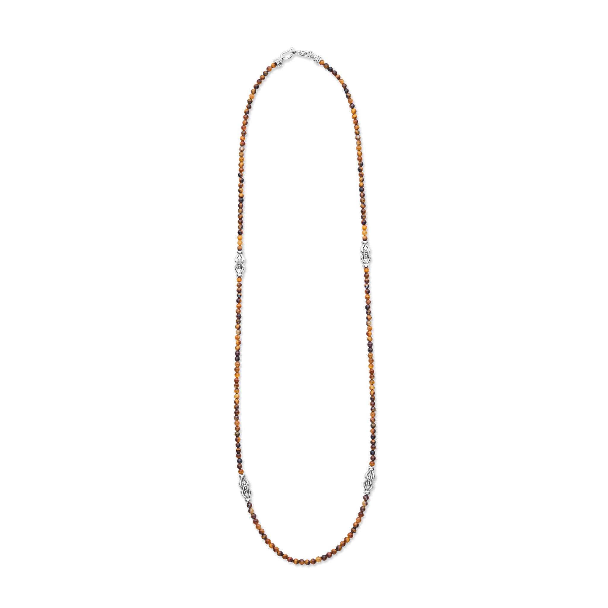 Signature Caviar Tiger Eye & Sterling Silver Station Necklace with amber-toned beads, sterling silver accents, and a versatile clasp design suitable for multiple uses.