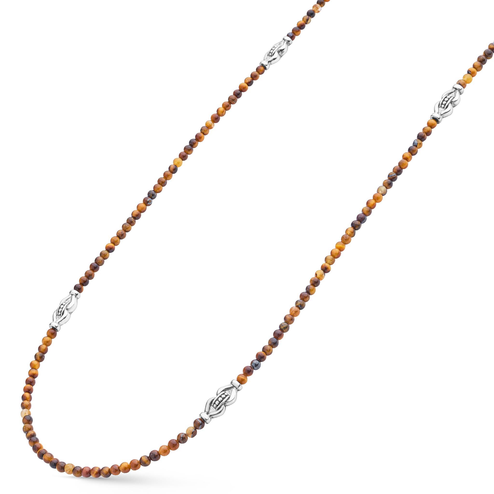 Signature Caviar Tiger Eye & Sterling Silver Station Necklace featuring golden-brown beads with sterling silver stations, highlighting the natural gemstone depth for an elegant, versatile look.