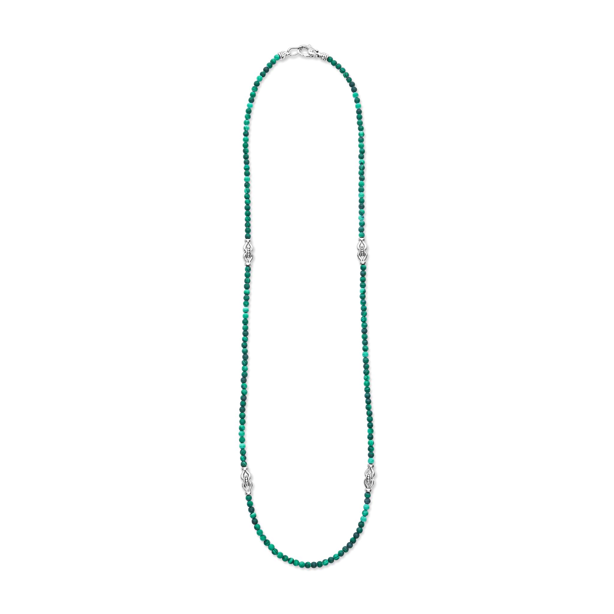 Signature Caviar Malachite & Sterling Silver Station Necklace featuring green malachite beads with sterling silver stations, showcasing an elegant and sophisticated design.