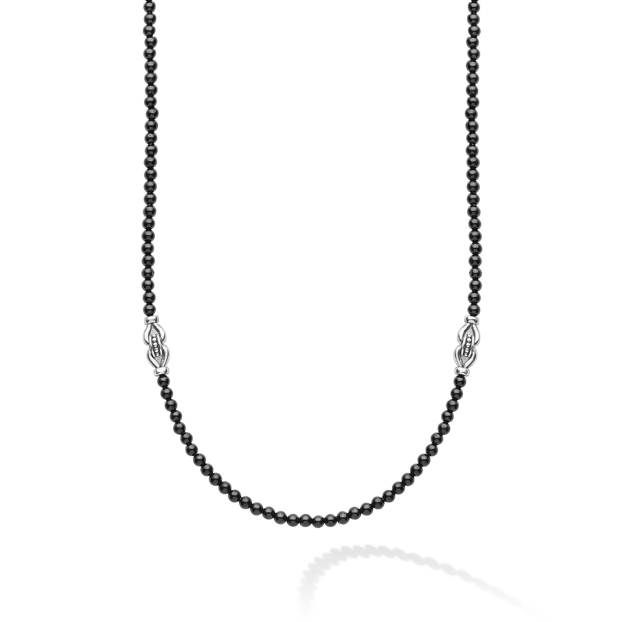 Signature Caviar Black Agate & Sterling Silver Station Necklace featuring glossy black agate beads and polished sterling silver accents, showcasing elegant craftsmanship against a white background.
