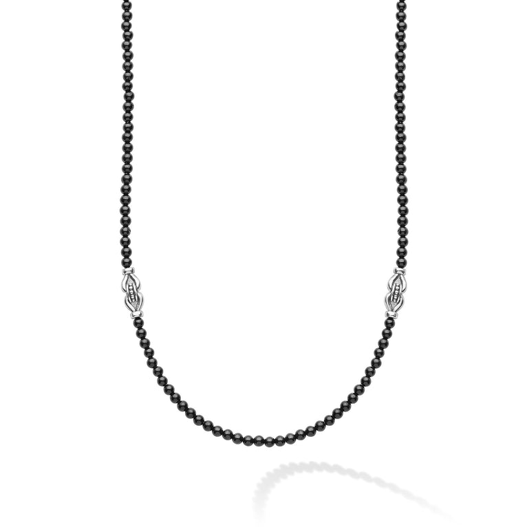 Signature Caviar Black Agate & Sterling Silver Station Necklace featuring glossy black agate beads and polished sterling silver accents, showcasing elegant craftsmanship against a white background.
