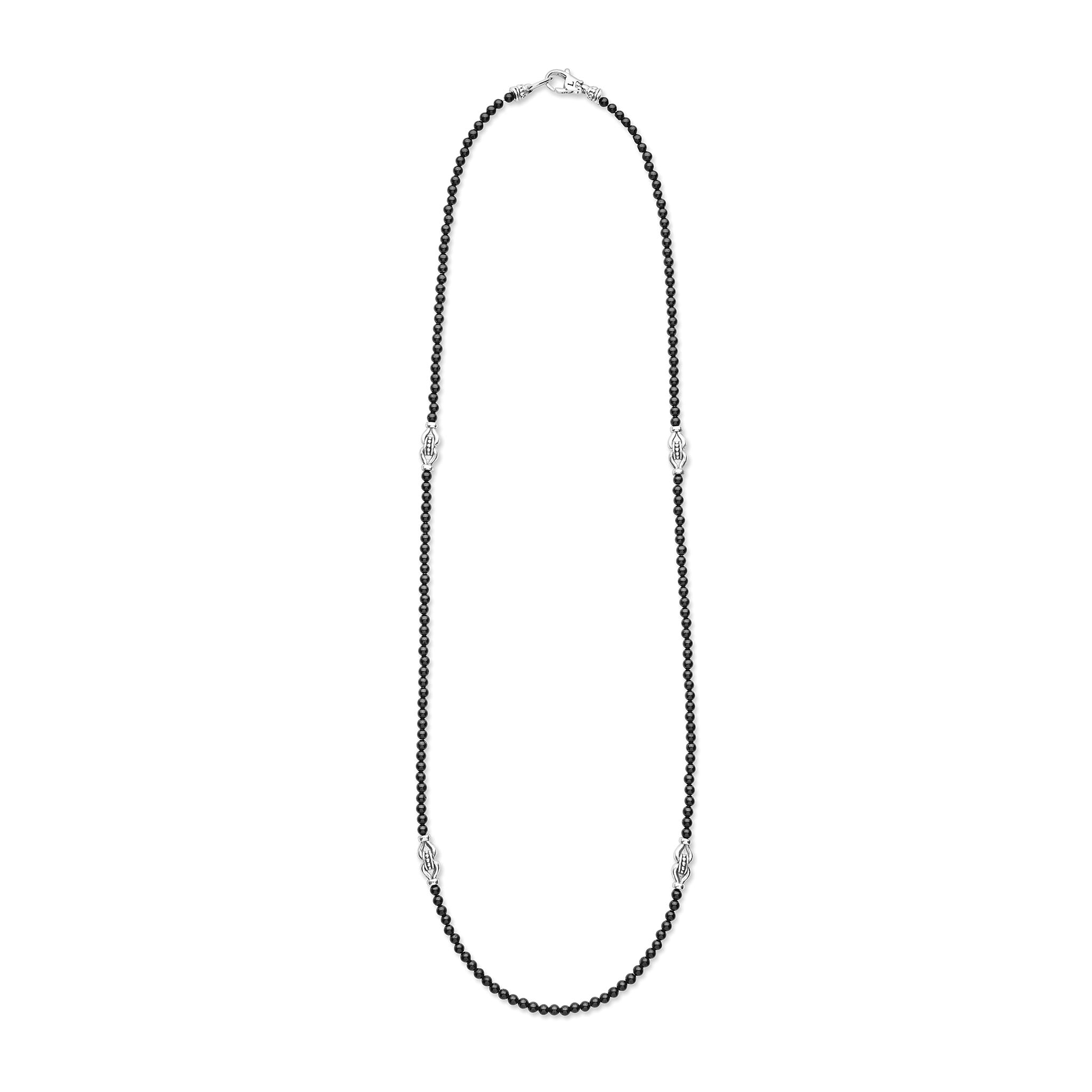 Signature Caviar Black Agate & Sterling Silver Station Necklace with 2mm black beads and sterling silver stations, featuring a lobster clasp, embodies modern sophistication and versatility.