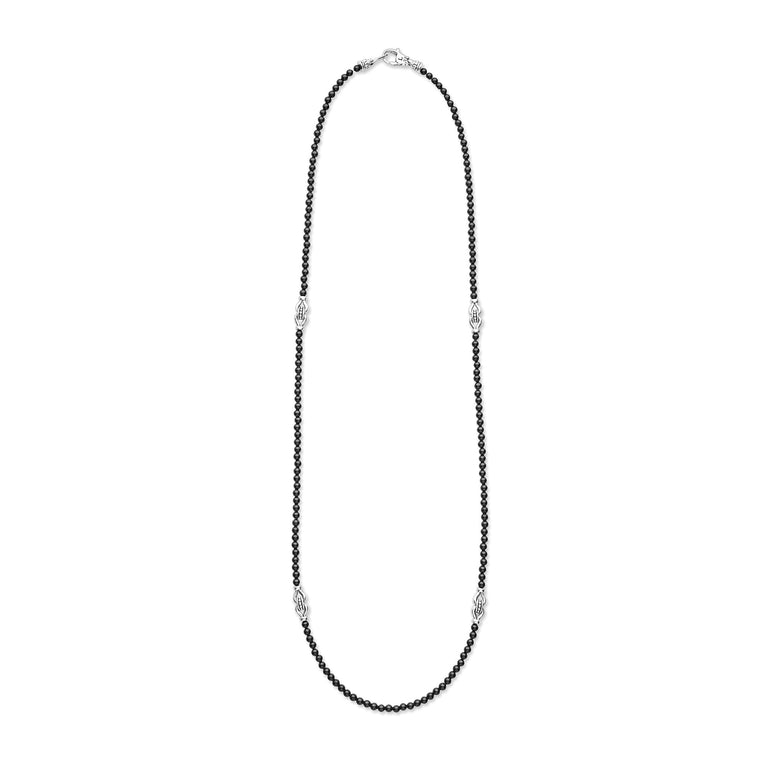 Signature Caviar Black Agate & Sterling Silver Station Necklace with 2mm black beads and sterling silver stations, featuring a lobster clasp, embodies modern sophistication and versatility.