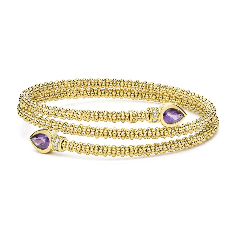 Two pear-shaped amethyst gemstones are accented by diamonds and set in 18k gold Caviar beading to form this luxe wrap bracelet. LAGOS diamonds are the highest quality natural stones.