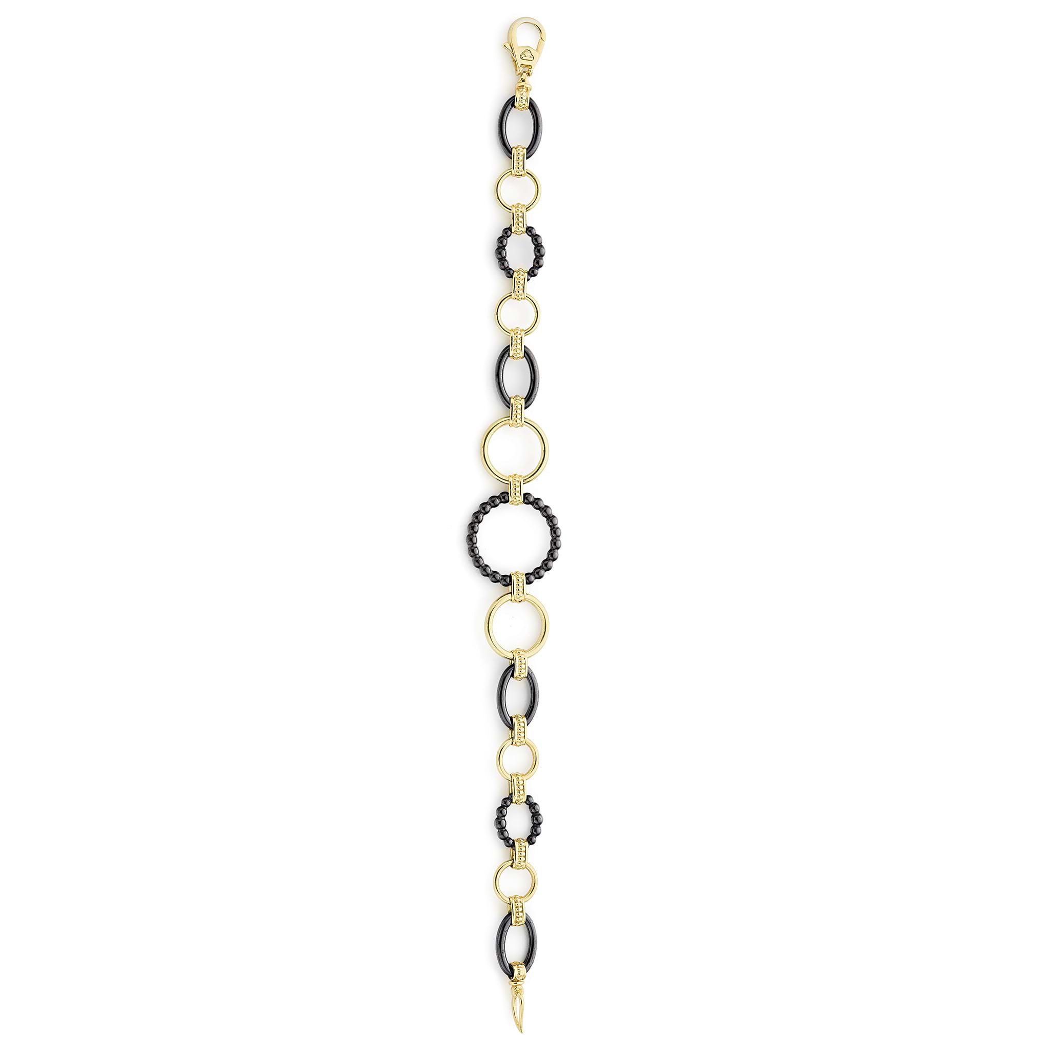 Meridian 18K Gold and Black Ceramic Link Bracelet featuring alternating black bead-rings and gold-tone links with a lobster-claw clasp and gold loops for versatile attachment.