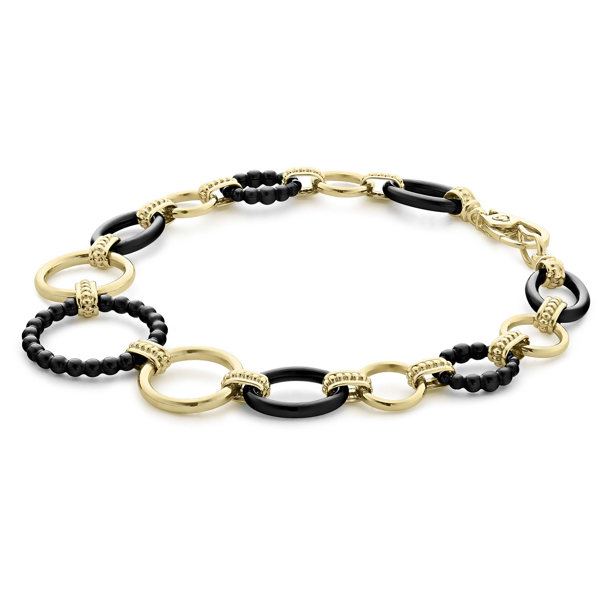 Meridian 18K Gold and Black Ceramic Link Bracelet features alternating textured gold and enamel-coated black links, showcasing elegance and craftsmanship.