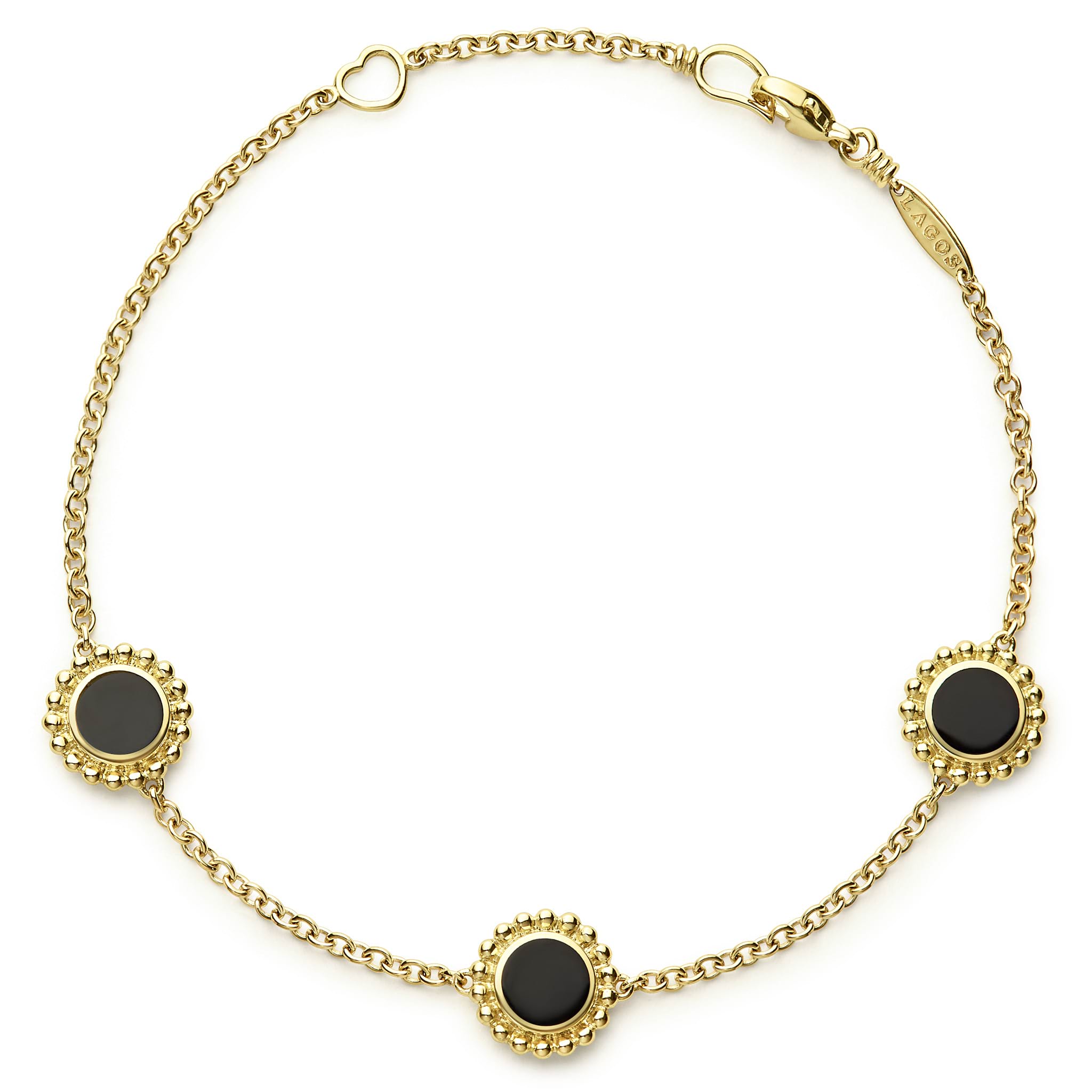 An 18k gold bracelet including three onyx inlay stations with Caviar beaded details.