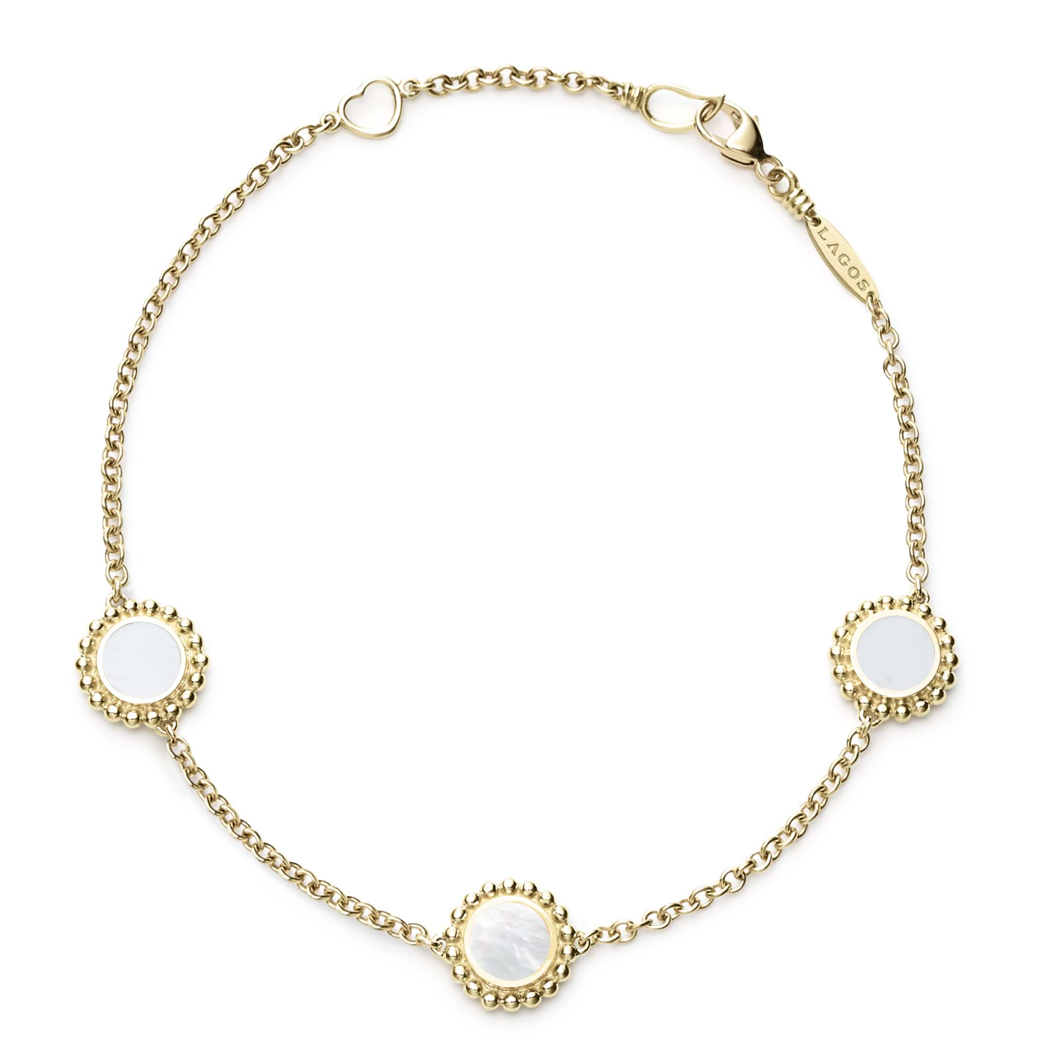 An 18k gold bracelet including three Mother of Pearl inlay stations with Caviar beaded details.