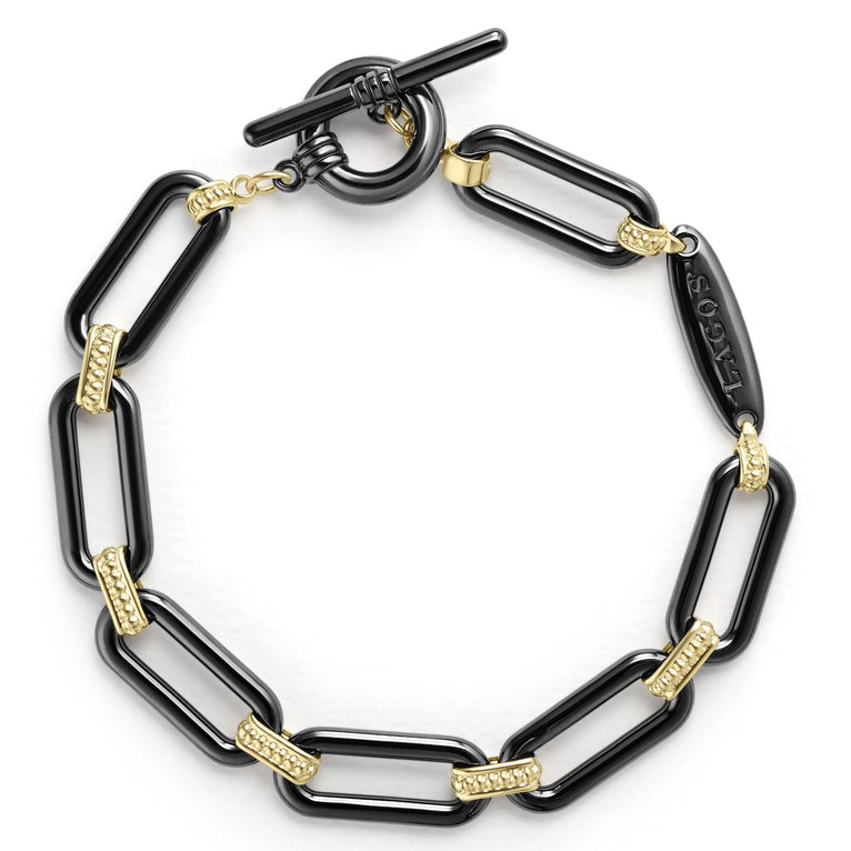 18K gold and black ceramic form this bold link bracelet.