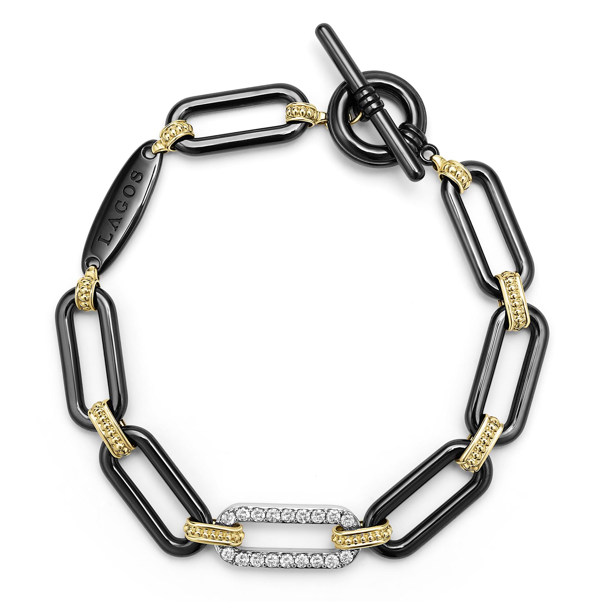 18K gold and black ceramic with a single diamond station forms this bold link bracelet. LAGOS diamonds are the highest quality natural stones.