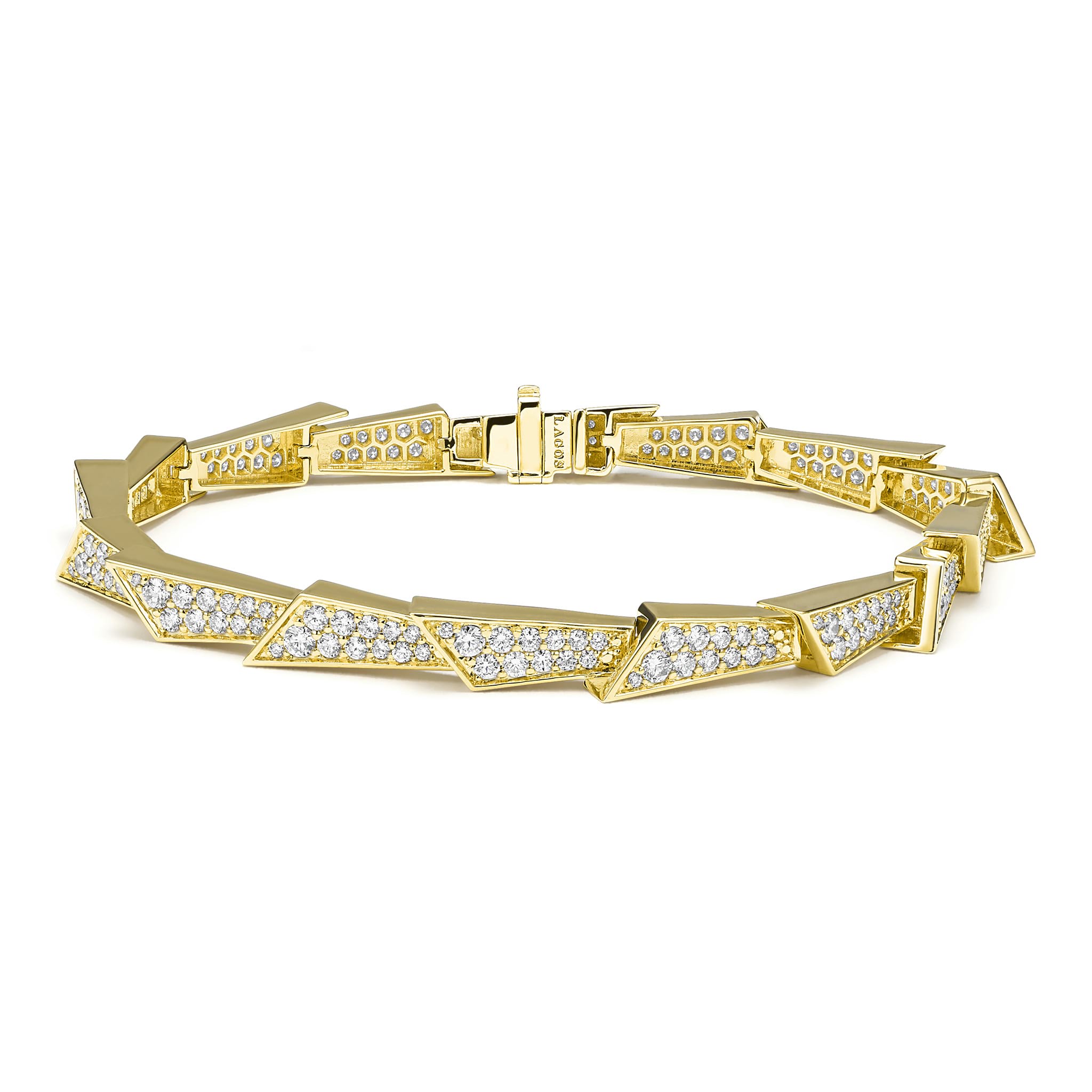 Featuring a sleek linear design adorned with sparkling diamonds, crafted from 18K Caviar gold, this bracelet offers timeless sophistication. Perfect for stacking or wearing solo.