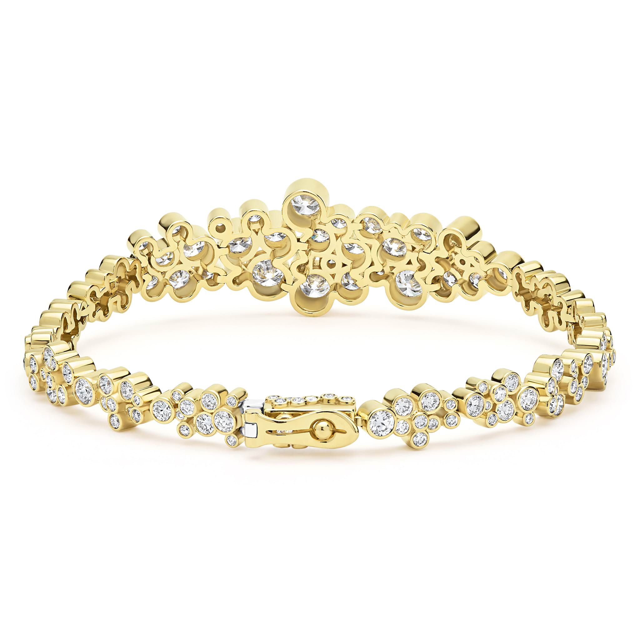 back of cluster diamond tennis bracelet set in 18K gold with box closure on white background