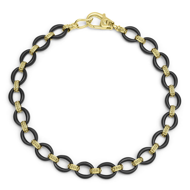 18K gold and matte black ceramic oval link bracelet, 7 mm, lobster clasp