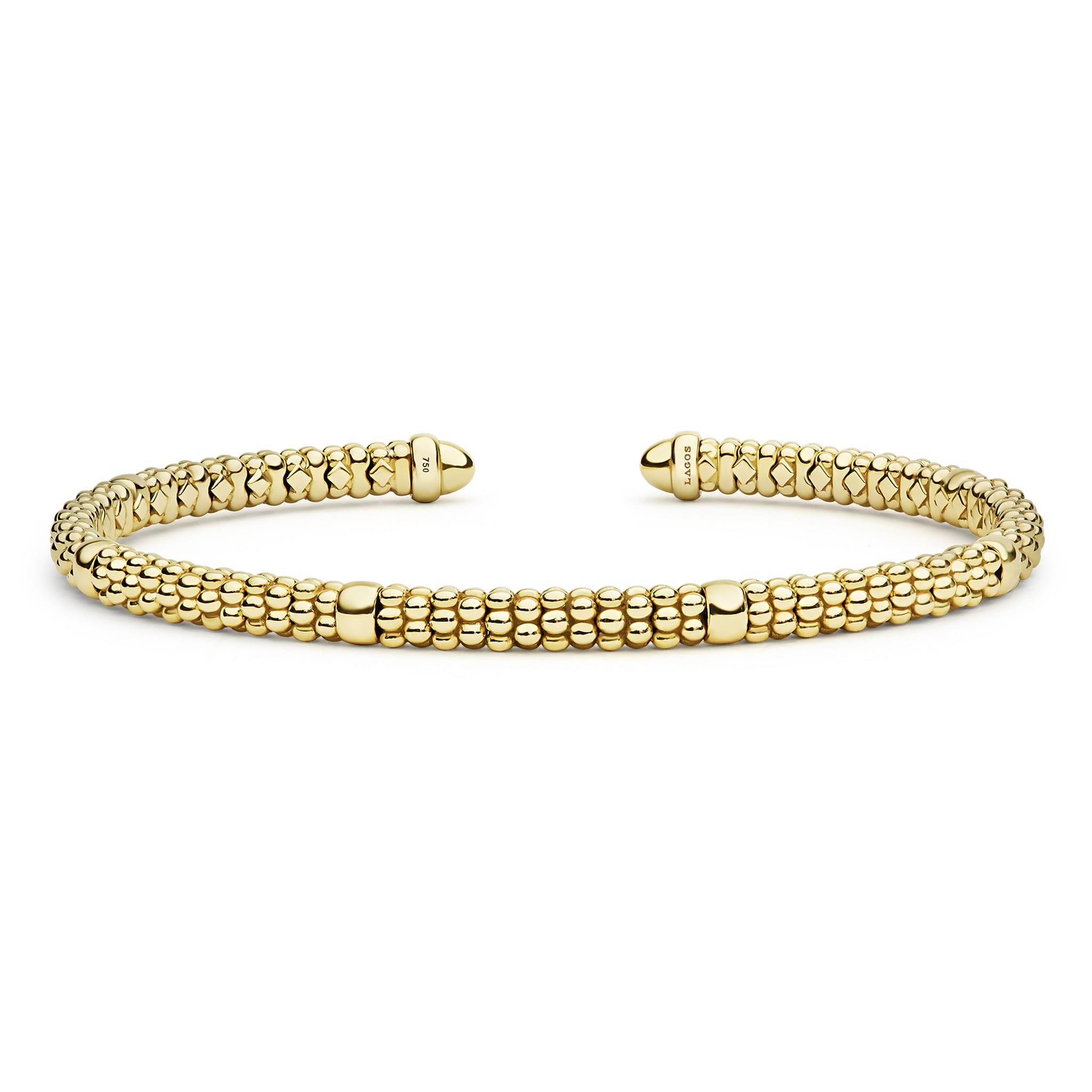  3mm featuring open-ended 18k gold “caviar” beads, stamped with “750” and “LAGOS,” showcasing modern elegance and craftsmanship.