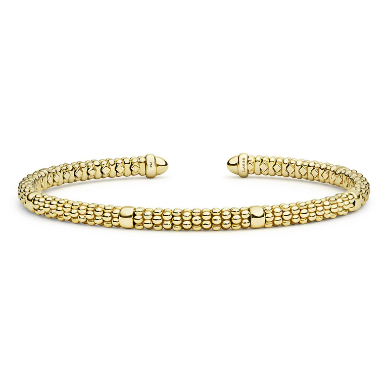  3mm featuring open-ended 18k gold “caviar” beads, stamped with “750” and “LAGOS,” showcasing modern elegance and craftsmanship.