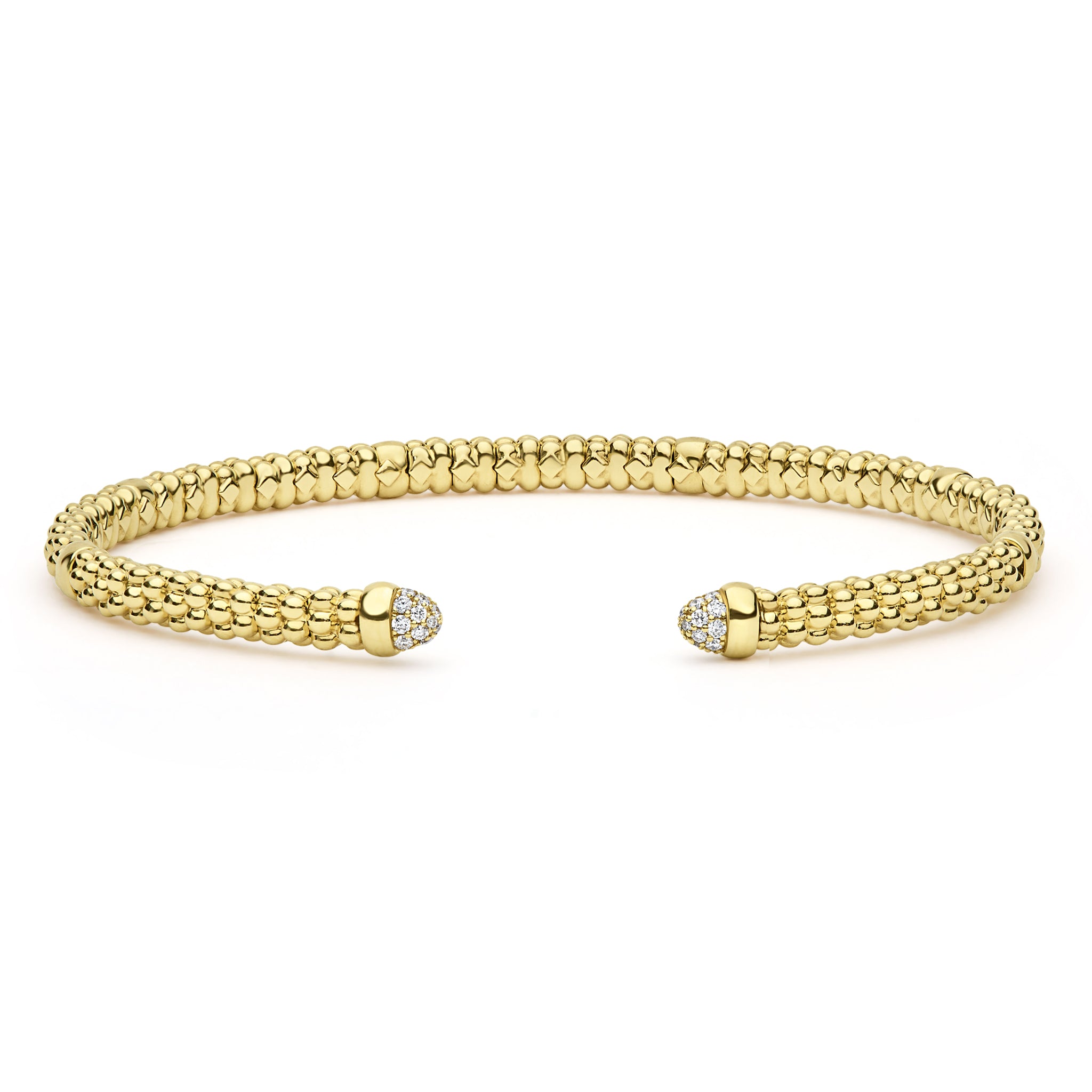  3mm with polished gold beads and pavé diamond-capped ends, showcasing elegant simplicity and refined brilliance.