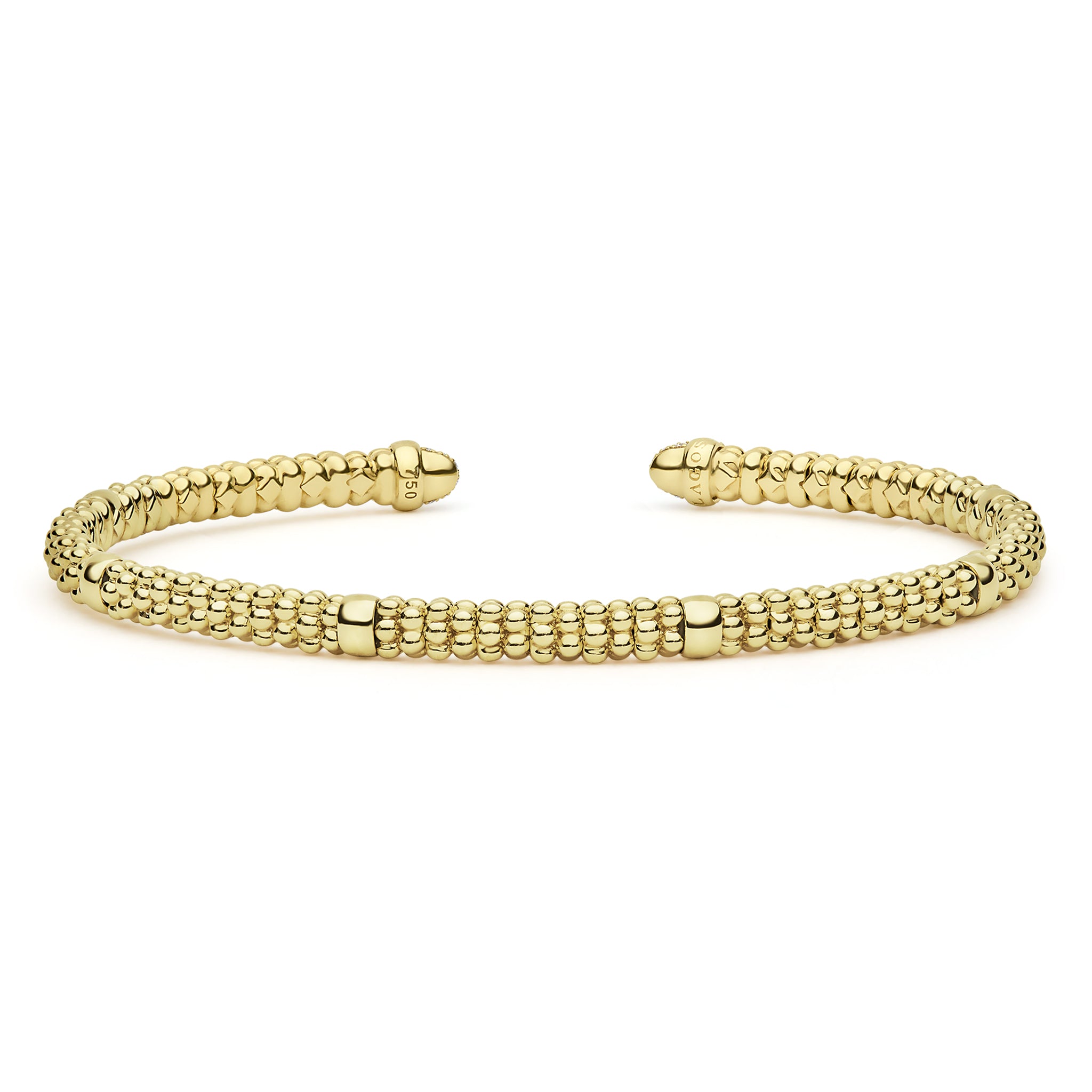 Signature Caviar 18K Gold Diamond Mini Versa Torque Bracelet with caviar beading, featuring an open cuff design and diamond accents.