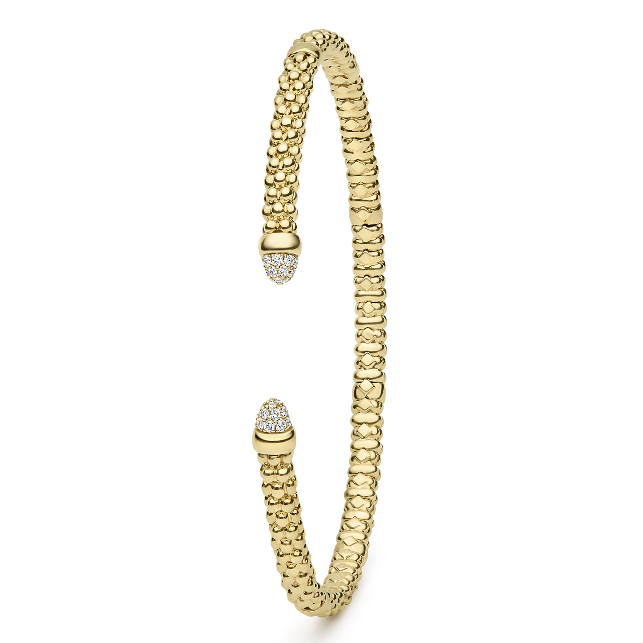 Signature Caviar 18K Gold Diamond Mini Versa Torque Bracelet, showcasing flexible beaded bangles with diamond-capped ends, crafted in sleek 3mm 18K gold for a refined, minimalist look.