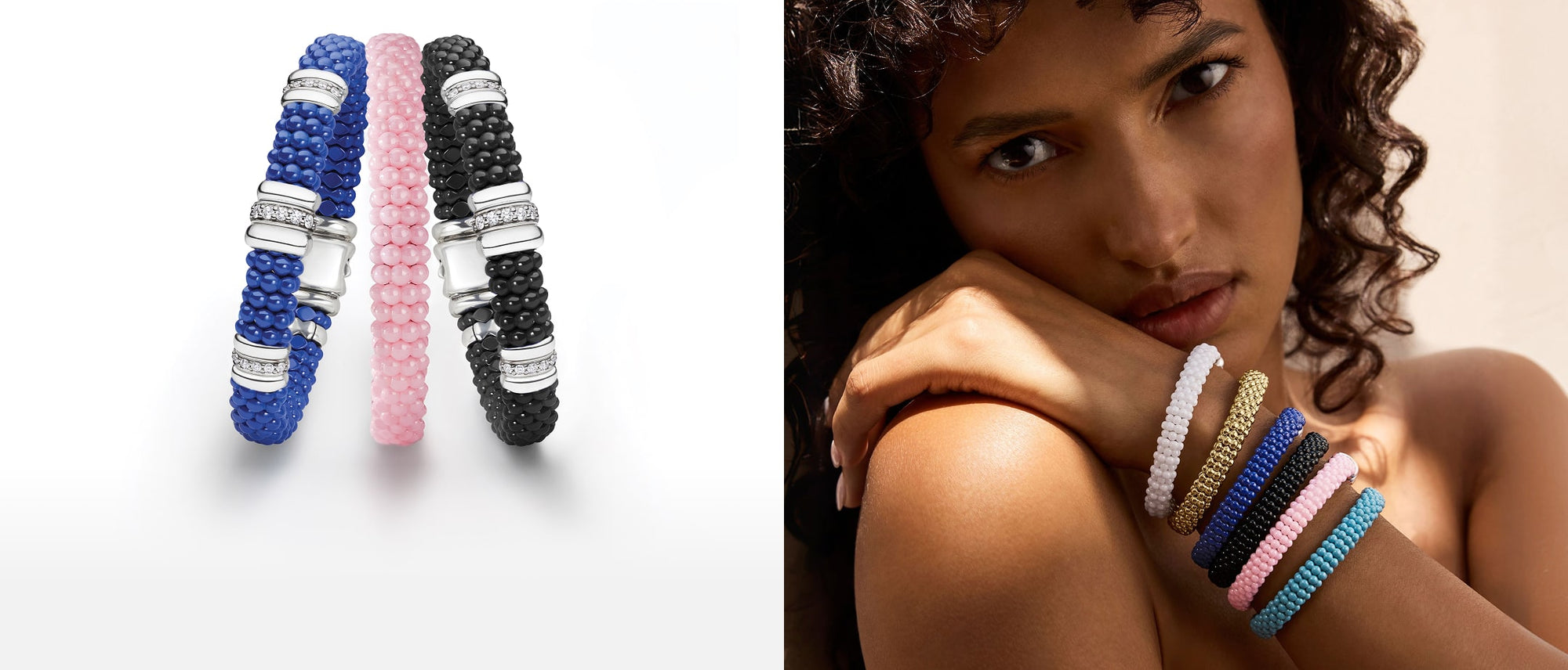 Three beaded bracelets in blue, pink, and black with silver accents on a white background