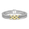 front of thick sterling silver beaded bracelet with gold x details