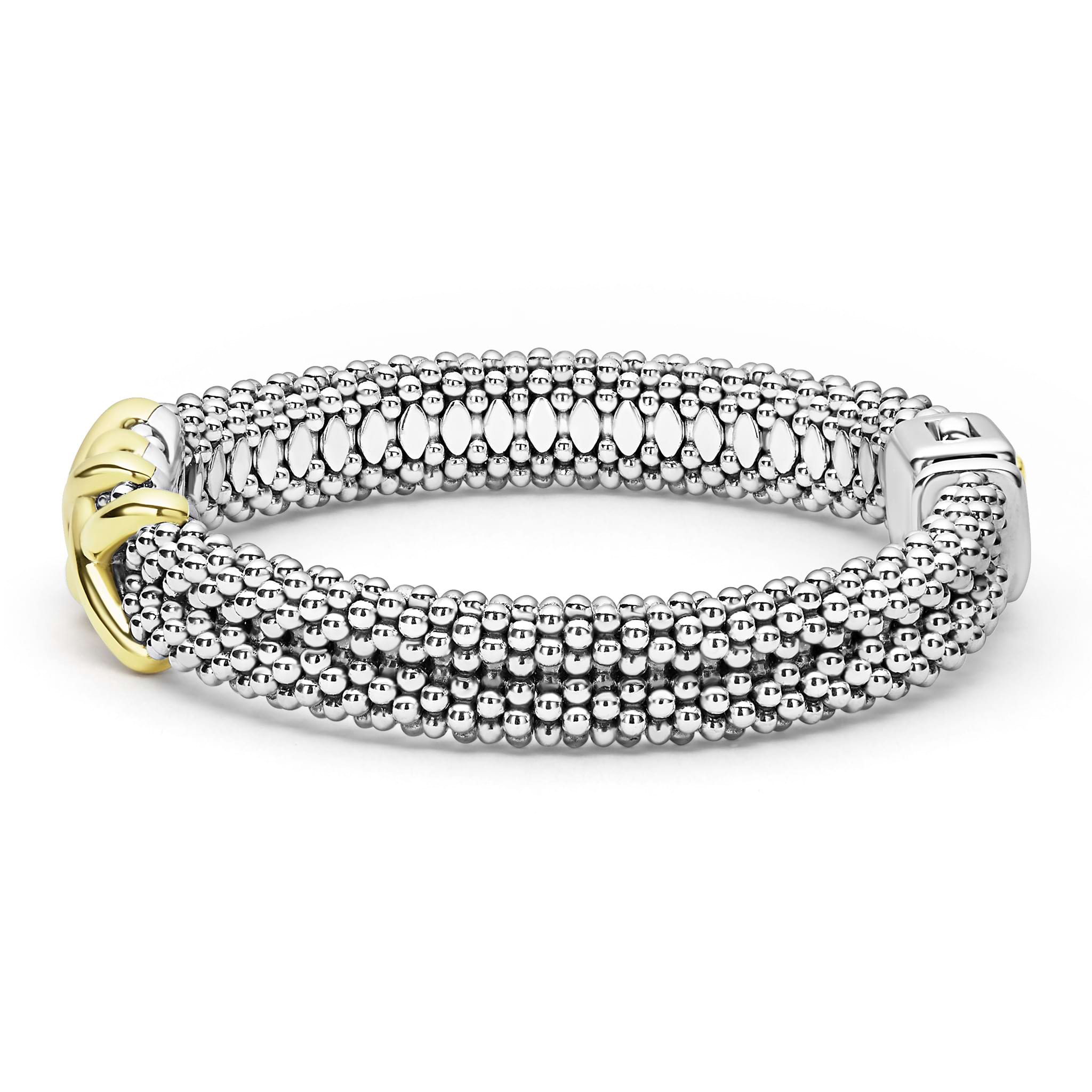 side of thick sterling silver beaded bracelet with gold x details