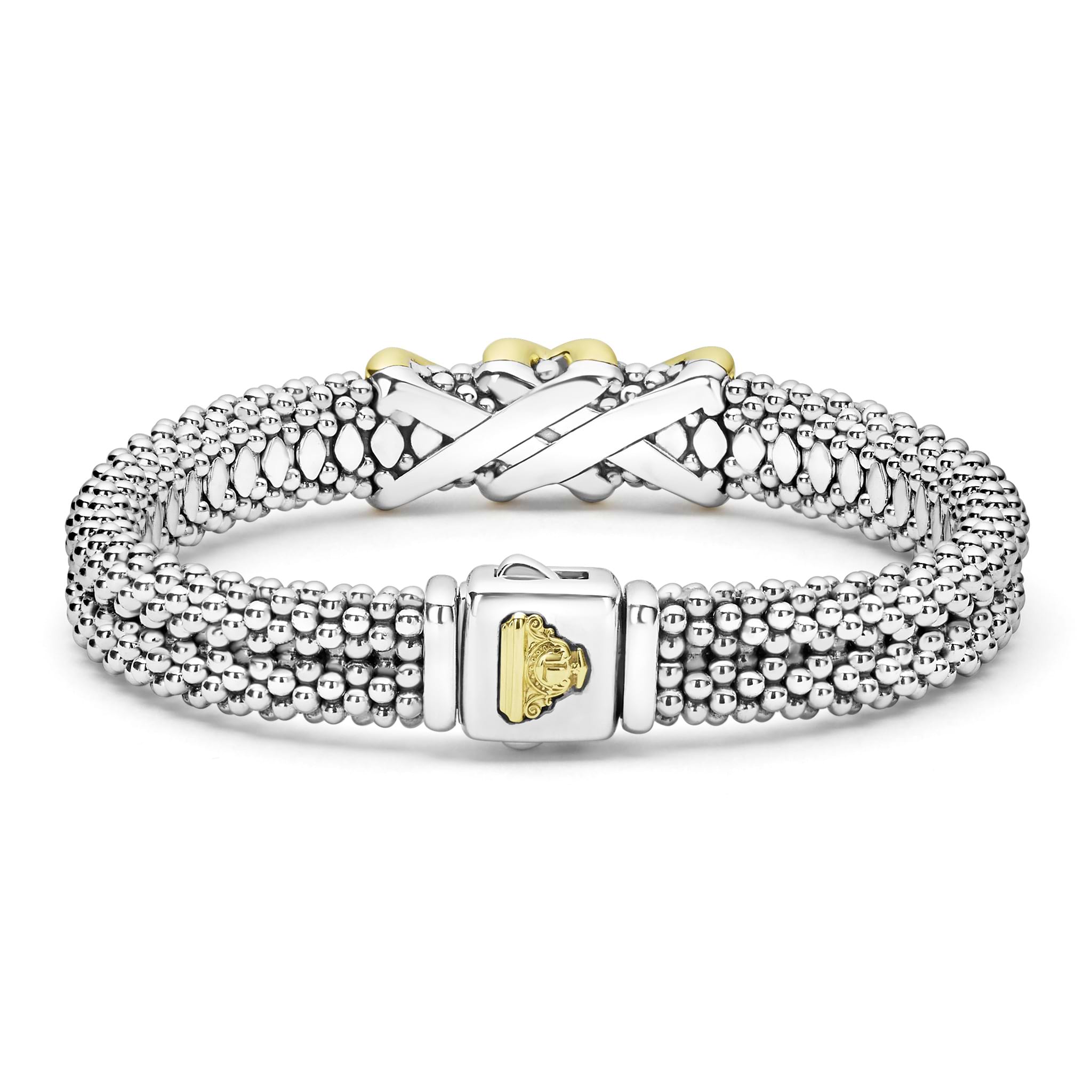 back of thick sterling silver beaded bracelet with gold x details with LAGOS crest 