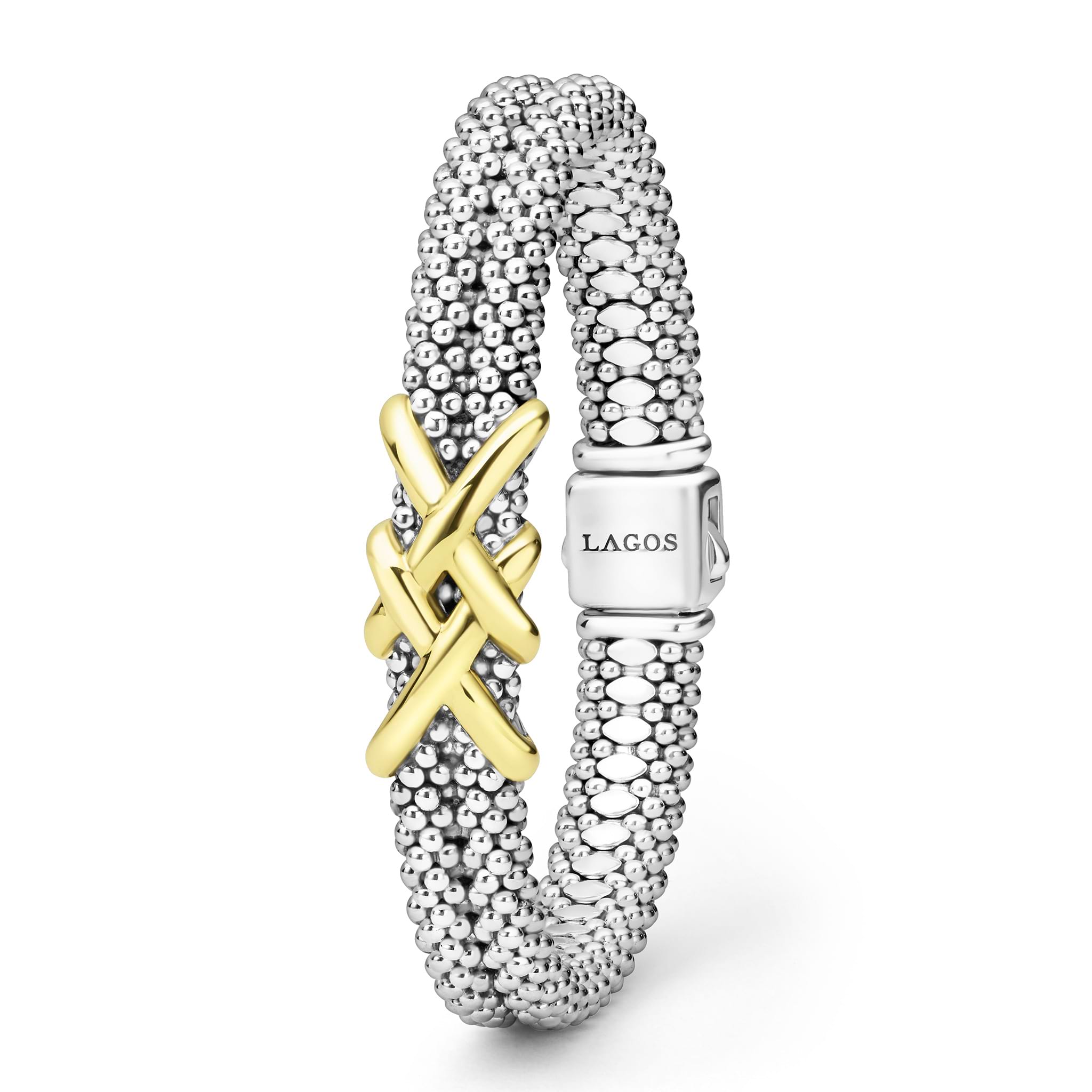 upright thick sterling silver beaded bracelet with gold x details with LAGOS engraving 