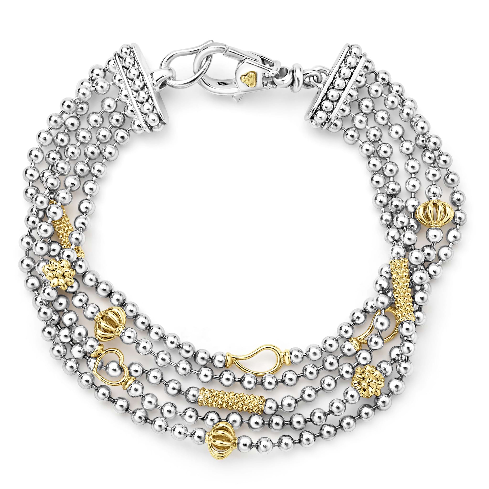 Caviar Icon Two-Tone Caviar Five Strand Chain Bracelet with silver strands, gold-tone beads, and charms, showcasing elegant craftsmanship and modern design.