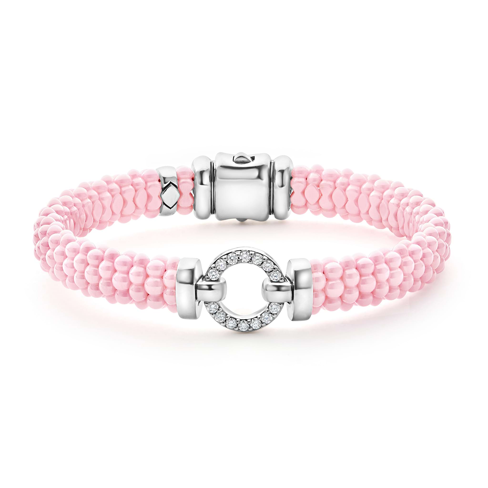 A diamond circle set in sterling silver surrounded by pink ceramic Caviar beading. LAGOS diamonds are the highest quality natural stones.