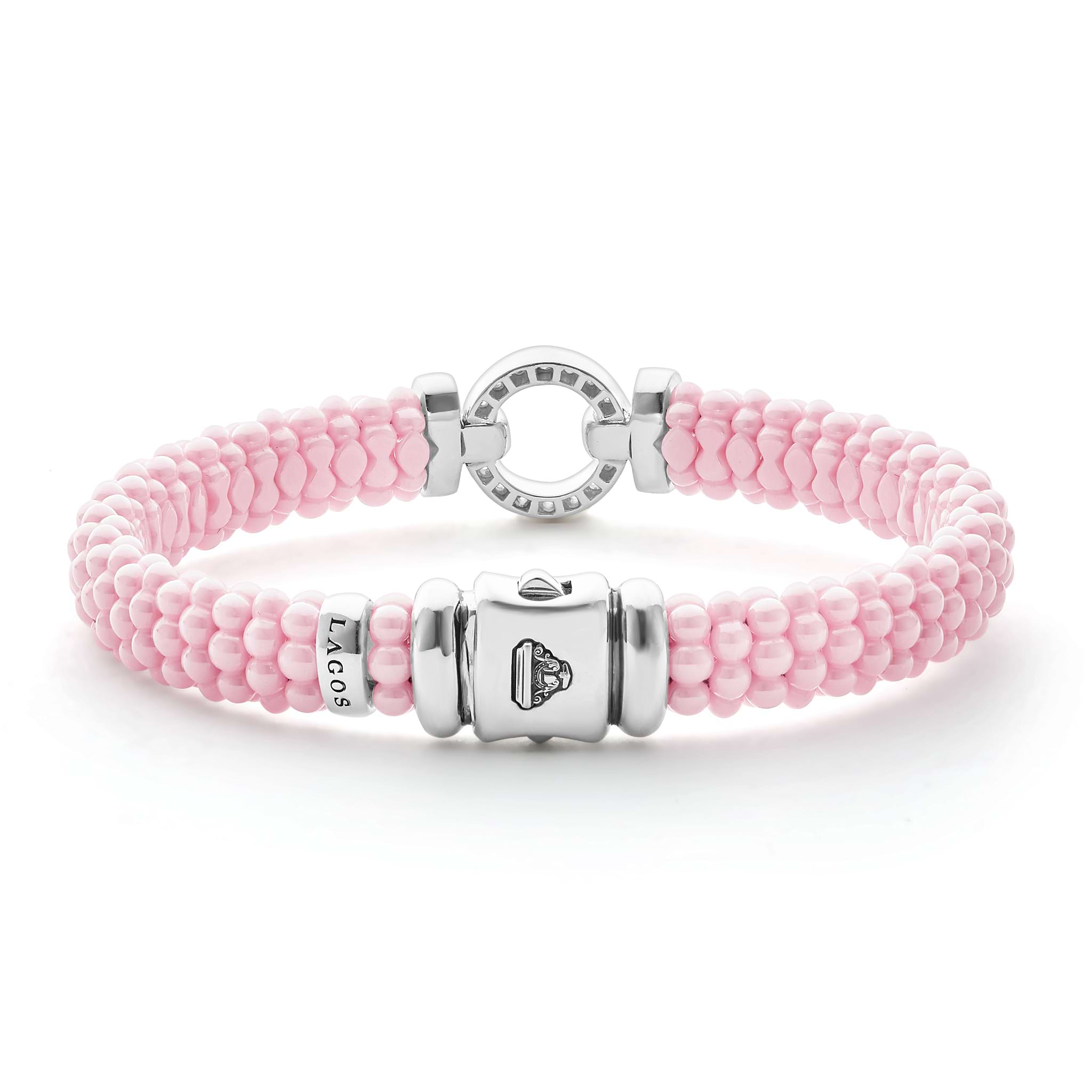 Clasp view of Sterling Silver and Ceramic Diamond Circle Pink Bracelet
