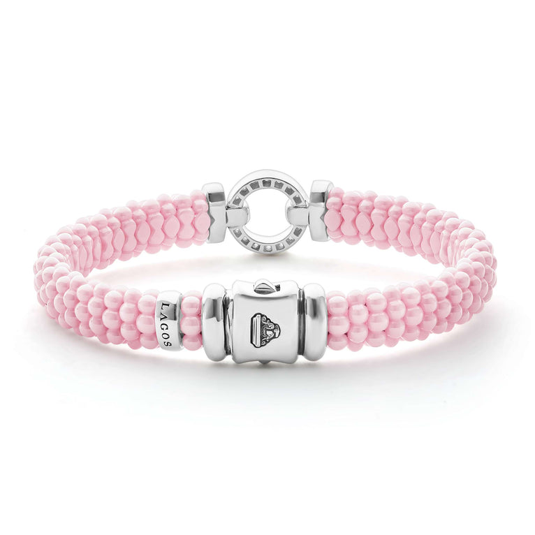 Clasp view of Sterling Silver and Ceramic Diamond Circle Pink Bracelet