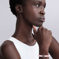 Model wearing Sterling Silver and Ceramic Diamond Circle Pink Bracelet