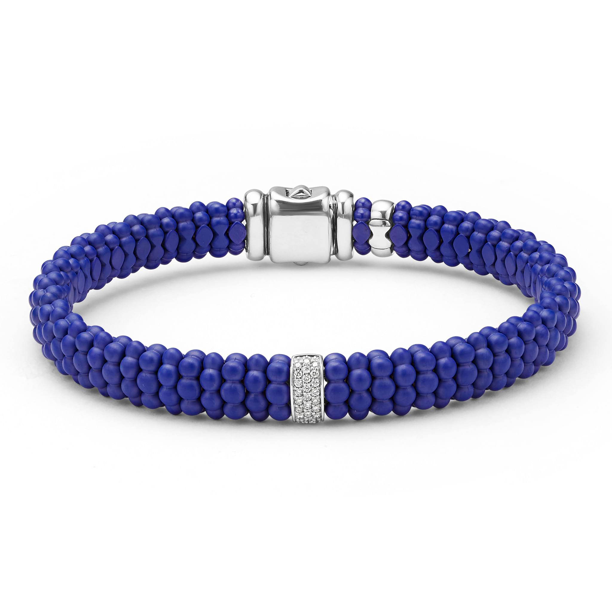 LAGOS 18K Gold matte blue ceramic Caviar bracelet with diamond station, 9mm