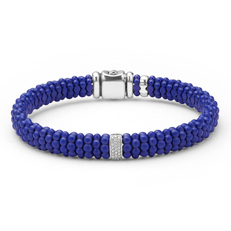 LAGOS 18K Gold matte blue ceramic Caviar bracelet with diamond station, 9mm