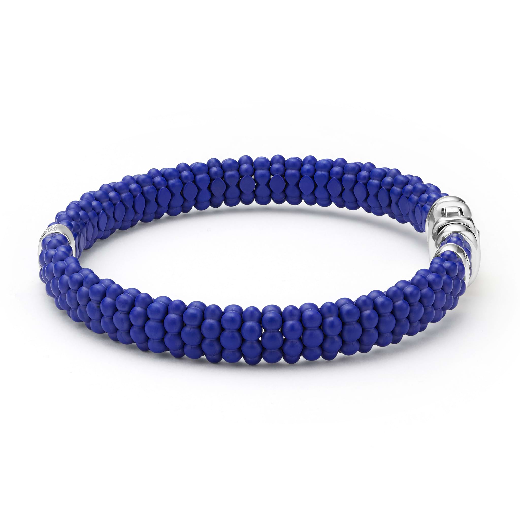 Blue Caviar Single Station Matte Blue Ceramic Diamond Bracelet featuring coiled matte-blue beading, polished silver elements, and brilliant diamonds set in sterling silver.
