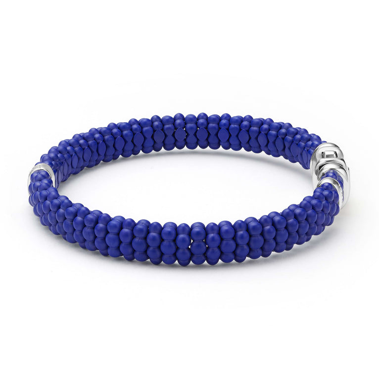 Blue Caviar Single Station Matte Blue Ceramic Diamond Bracelet featuring coiled matte-blue beading, polished silver elements, and brilliant diamonds set in sterling silver.