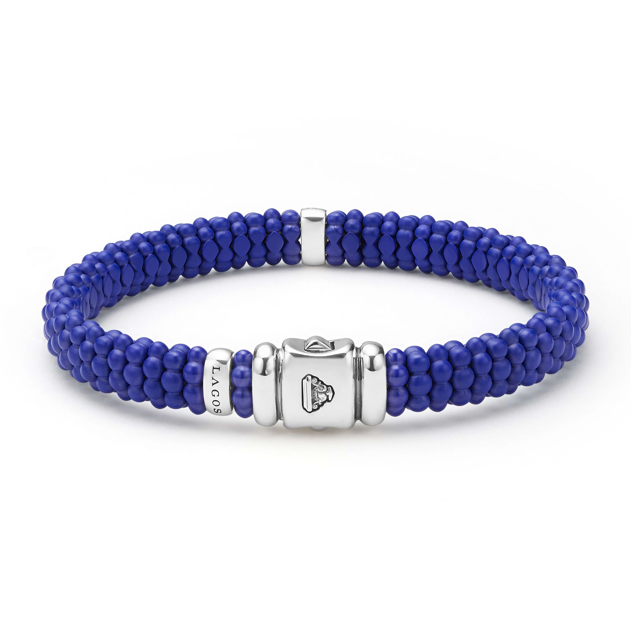 Blue Caviar Single Station Matte Blue Ceramic Diamond Bracelet with royal-blue beads, sterling silver clasp, and LAGOS emblem, showcasing elegance and modern sophistication.