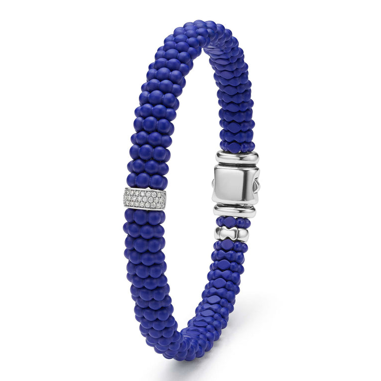Blue Caviar Single Station Matte Blue Ceramic Diamond Bracelet featuring royal-blue seed beads, sterling silver, and pavé-crystal accents, reflecting LAGOS elegance and craftsmanship.