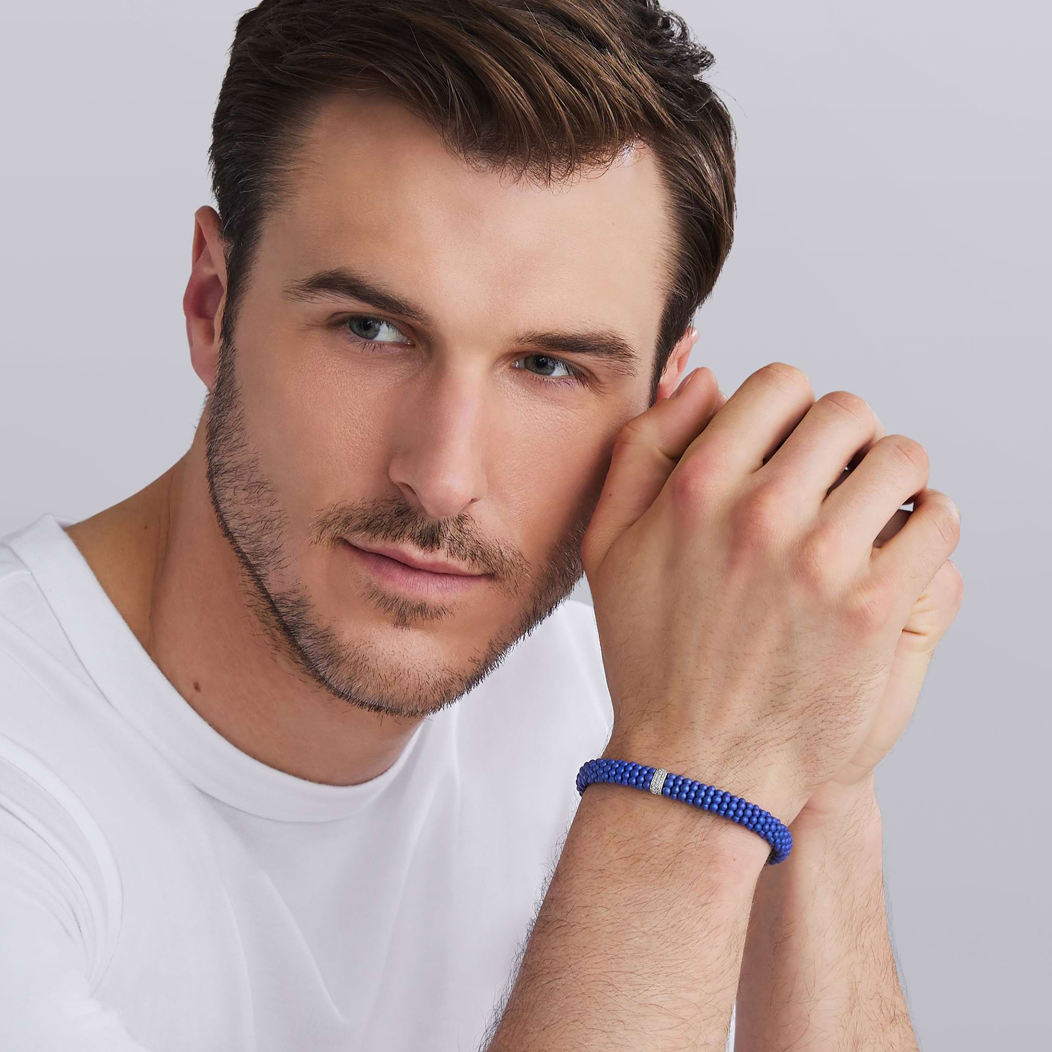 LAGOS 18K Gold matte blue ceramic Caviar bracelet with diamond station, 9mm
