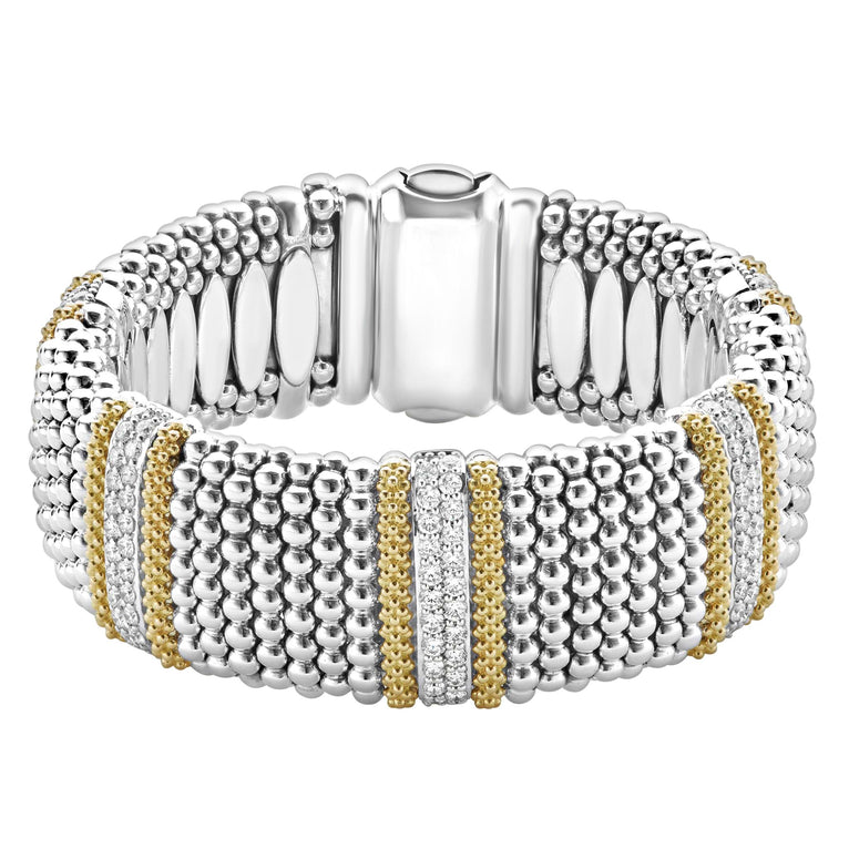 Five diamond stations highlighted by 18K gold with sterling silver Caviar beading. LAGOS diamonds are the highest quality natural stones.