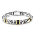 front of 9mm sterling silver beaded bracelet with black ceramic and gold details