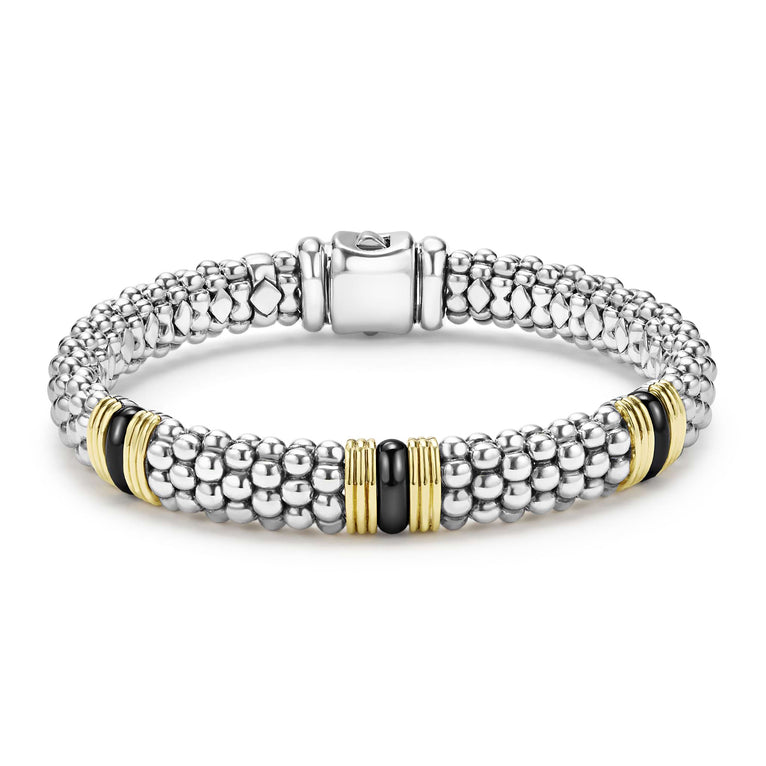 front of 9mm sterling silver beaded bracelet with black ceramic and gold details