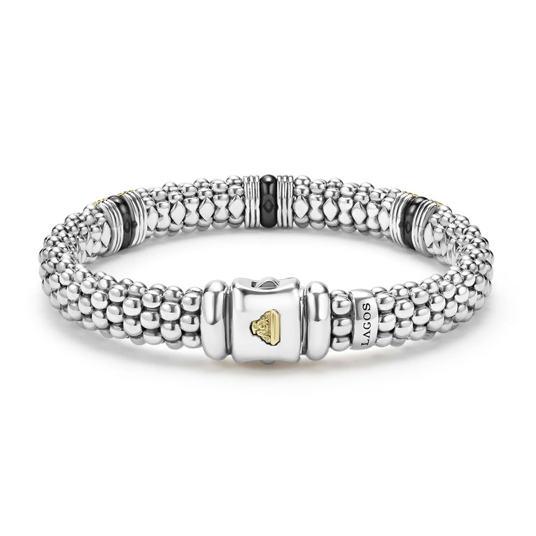 back of 9mm sterling silver beaded bracelet with black ceramic and gold details