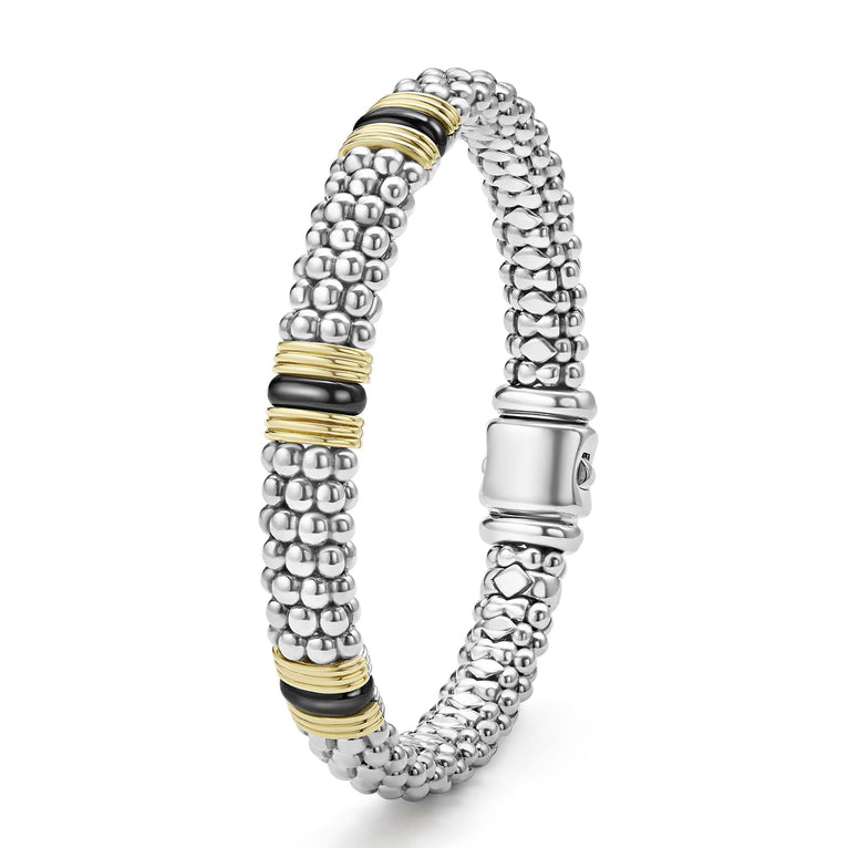 upright 9mm sterling silver beaded bracelet with black ceramic and gold details