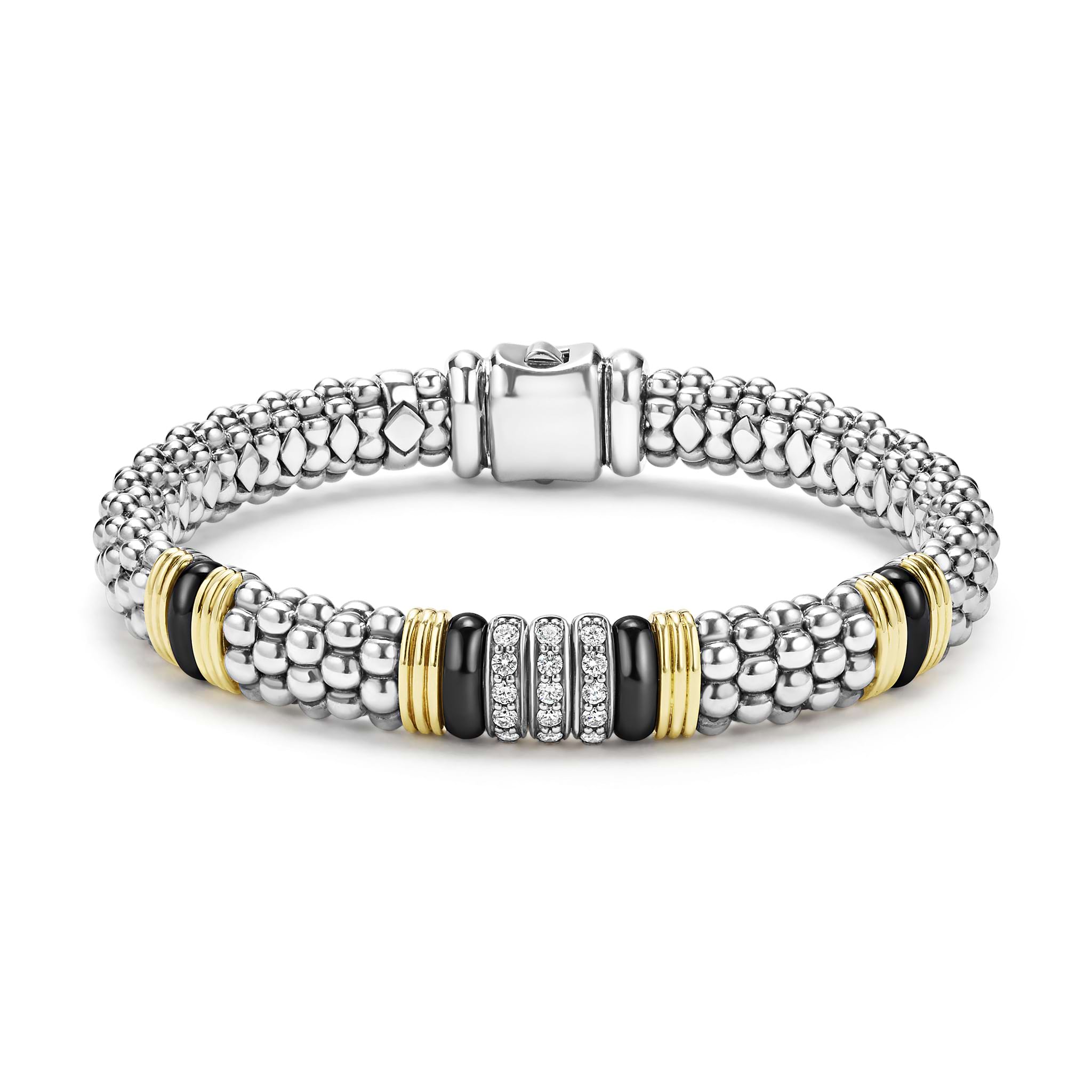 front of 9mm sterling silver beaded diamond bracelet with black ceramic and gold stations