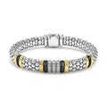 front of 9mm sterling silver beaded diamond bracelet with black ceramic and gold stations