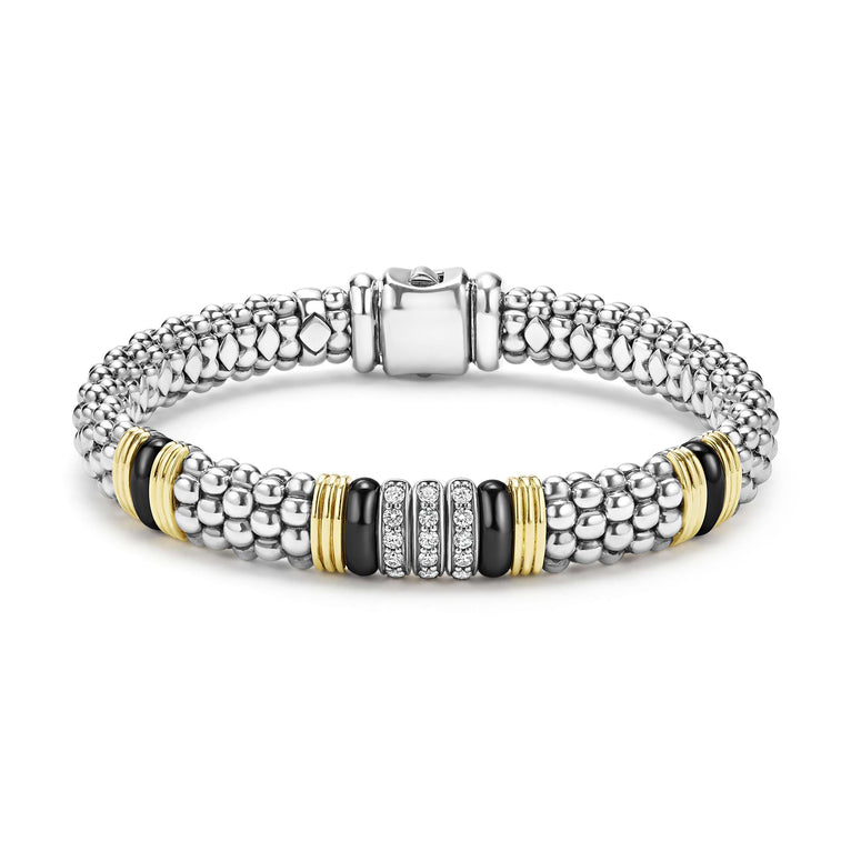 front of 9mm sterling silver beaded diamond bracelet with black ceramic and gold stations